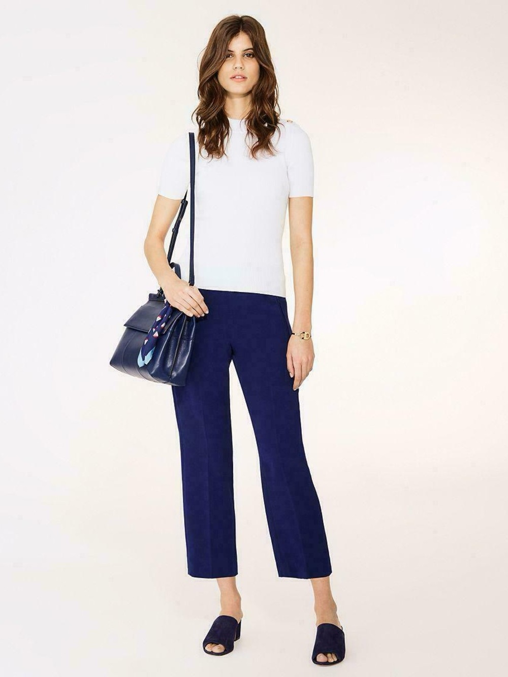 Tory Burch Navy Cropped Addison Trousers Pant NWT Size 10 Elastic Waist Wide Leg